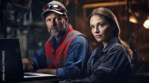 Industrial man and woman engineer with laptop in a factory, working with tablet. Industrial concept.