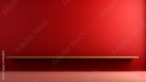 Empty shelf on red wall background, banner for product display montage, template, mock up