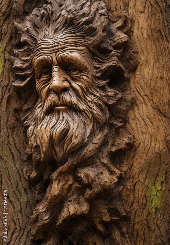 Old man sculpture on tree