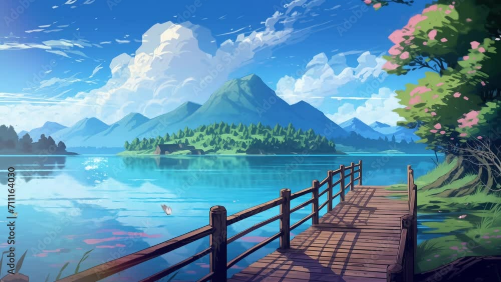 Beautiful Viewa Animation Animated illustration of a wooden bridge on a lake, with natural ...
