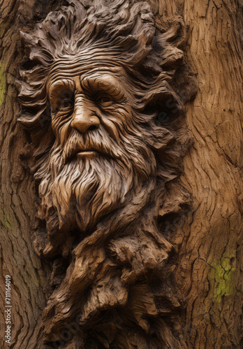 Old man sculpture on tree