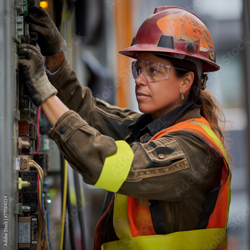 Female commercial electrician at work on a fuse box, adorned in safety gear, the intricate machinery in operation, electrical and machinery work