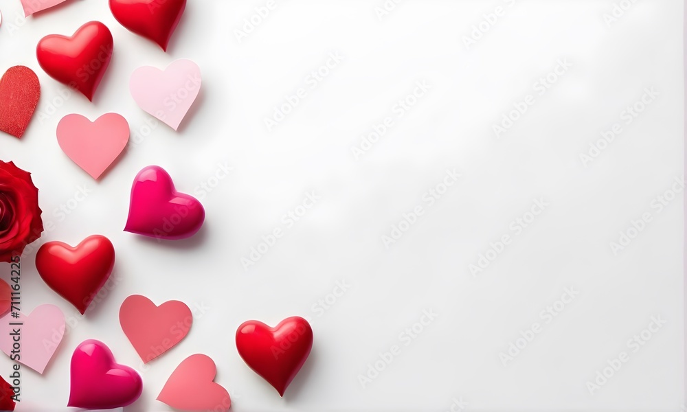 Valentine's Day greeting card with red hearts on white background.  Copy space. Love and relationship concept	