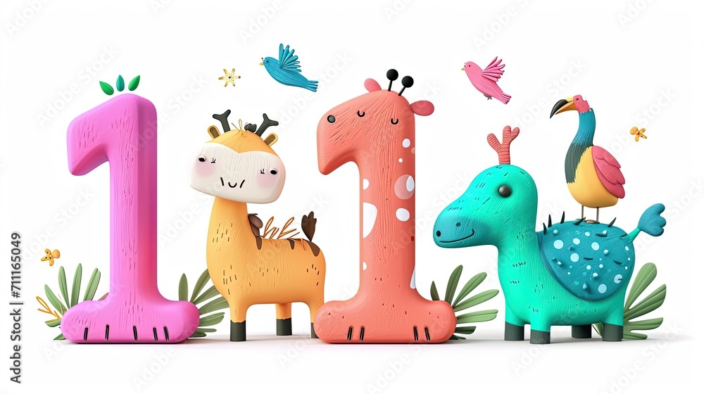 animals cartoon with 1 number