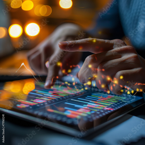 Close-up of hands conducting a detailed analysis of stock market data on a digital tablet, surrounded by ambient light bokeh.
