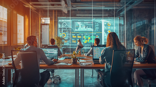 A dynamic tech team collaborates in a modern office, engaged with interactive digital displays for data analysis in a warm, industrial workspace. 