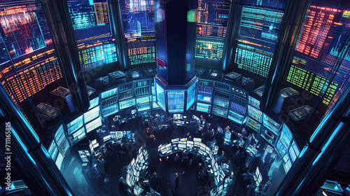A bird's-eye view of a futuristic command center where a team of traders monitors financial markets on a circular array of screens in a high-tech environment. 