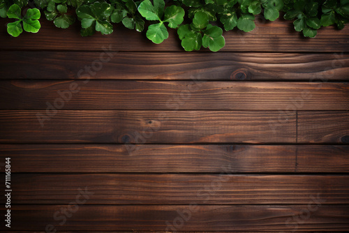 green leaves on wooden background