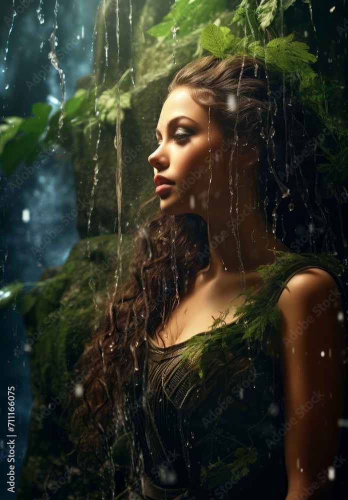 Rejuvenating waterfall with a very beautiful woman Rejuvenating waterfall with a very beautiful woman