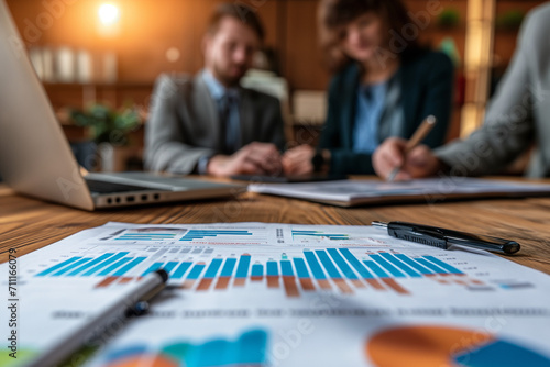 Business professionals in a meeting focus on analyzing growth charts and financial data, with a blurred background emphasizing the detailed paperwork. 