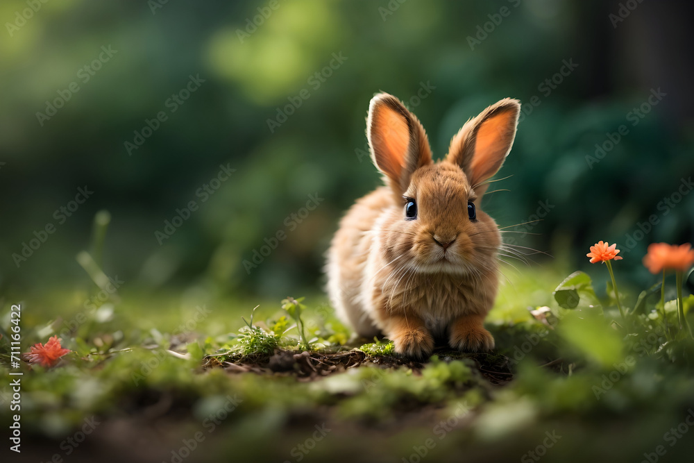 Fototapeta premium Adorable Tiny Rabbit Sitting Amongst a Few Flowers Generative AI