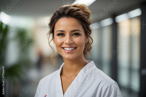 Close Up Portrait of a Female Nurse in a Hospital Generative AI photo