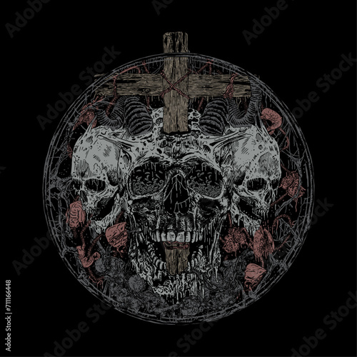 horror skull death metal illustration. T-shirt design, album covers and screen printing