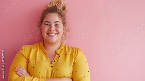 Beautiful chubby woman smiles confidently wearing a yellow dress. standing on purple background. Body Positive photo