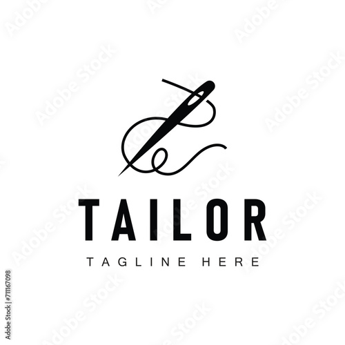 Tailor logo vector template needle and thread black silhouette design simple sewing tool product brand