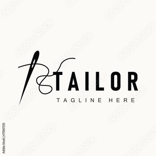 Tailor logo vector template needle and thread black silhouette design simple sewing tool product brand