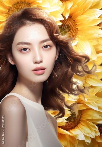 Radiant sunflower petal with a very beautiful women Poster
