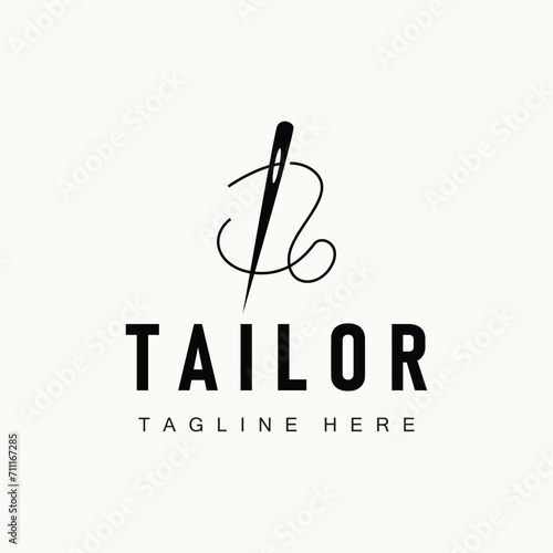 Tailor logo vector template needle and thread black silhouette design simple sewing tool product brand
