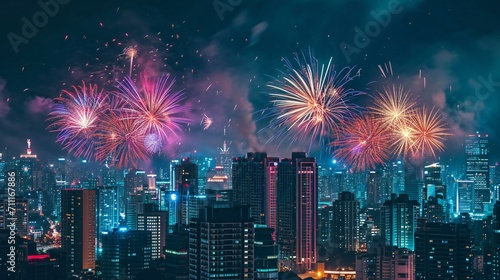 Spectacular Fireworks Display over Urban Skyline