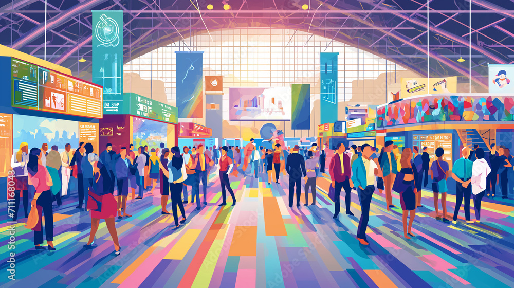 A vibrant illustration of a busy trade show event, with attendees walking through exhibits under a spacious, brightly colored venue.
 - obrazy, fototapety, plakaty 