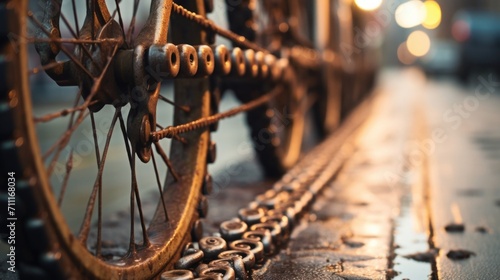 Closeup of a rusted bike chain, a reminder of the harsh weather conditions faced by city commuters. photo