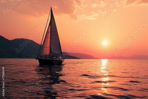 A Sailboat Is Sailing Along The Ocean Against A Colorful Sunset Sky