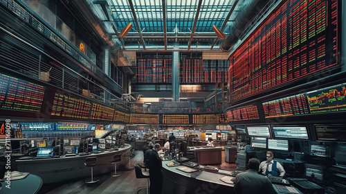 An expansive view of a stock exchange floor, bustling with traders and dominated by large digital boards showing financial statistics and market trends. 