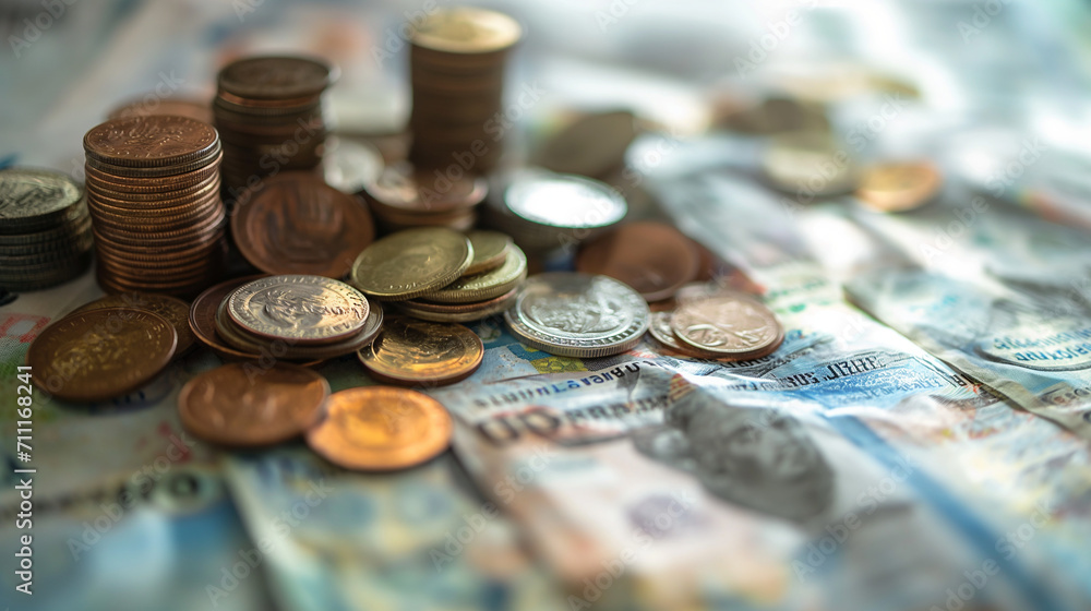 assorted international currencies, banknotes, and coins artistically arranged, some in stacks assorted international currencies, banknotes, and coins artistically arranged, some in stacks