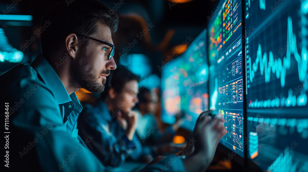 Obraz premium a broker in deep concentration, surrounded by multiple screens showing live trading data