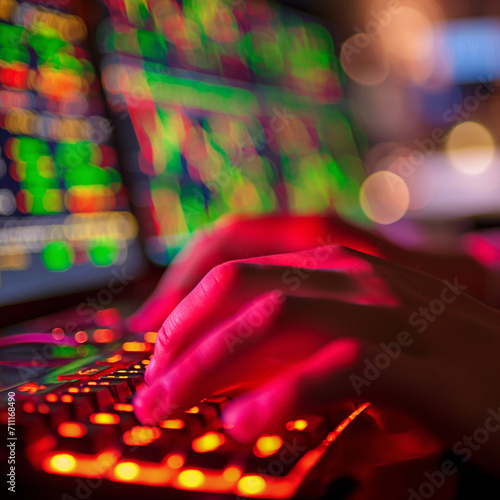 christmas decorationsGamer's Hand on Backlit Keyboard with Screen Glow,A gamer's hand intensely presses on a backlit mechanical keyboard, illuminated by the vibrant glow of a gaming monitor in a dark 