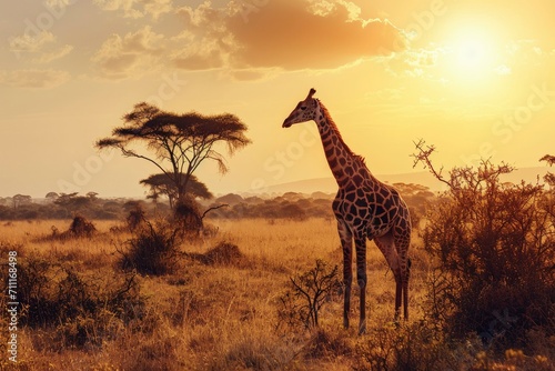 Giraffe in the African savanna against the background of the orange sunset. © Ziyasier
