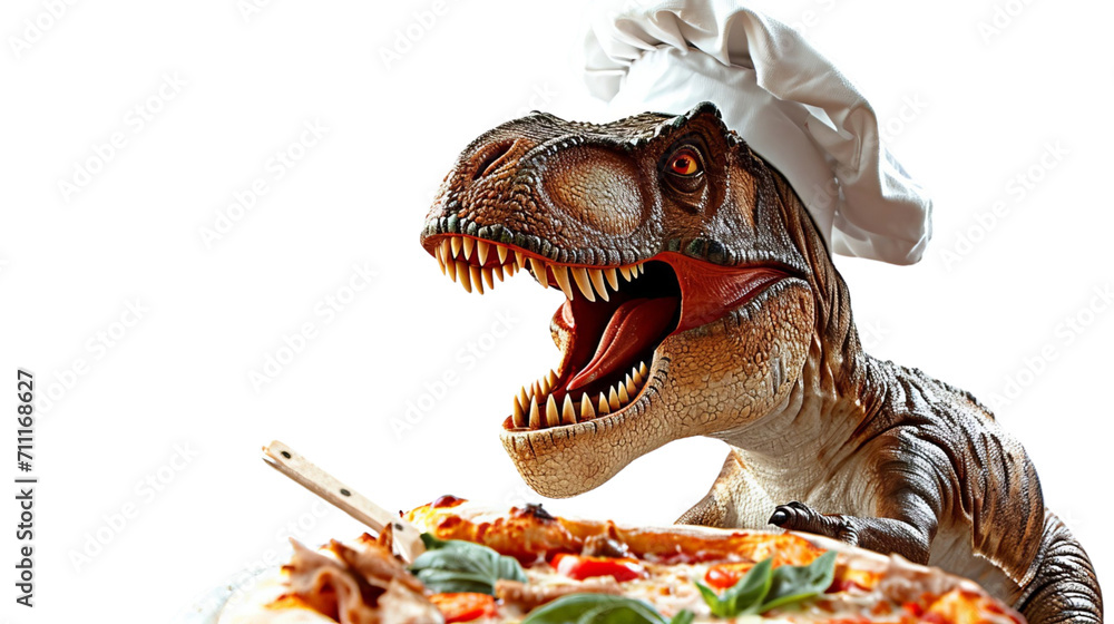 Naklejka premium Toy Dinosaur With Pizza on Plate