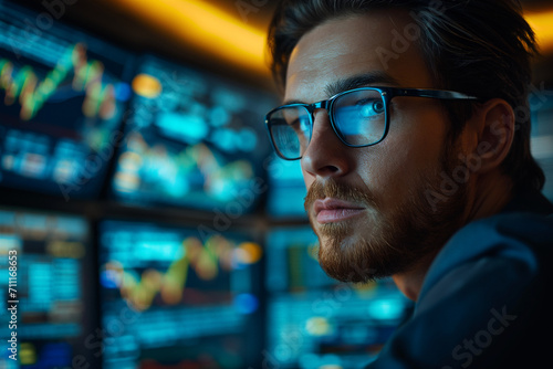 Focused Trader Analyzing Financial Markets,Close-up of a focused financial trader with glasses analyzing live stock market data on multiple computer screens in a dark trading room. 