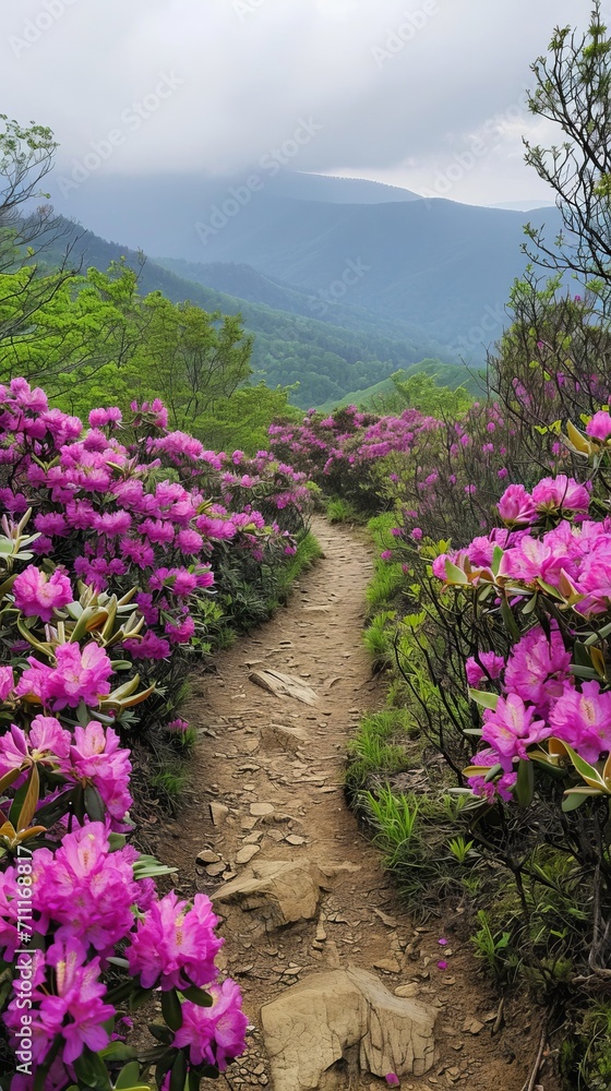 Dirt Path With Purple Flowers, Nature Trail, Scenic Walkway, Countryside Landscape