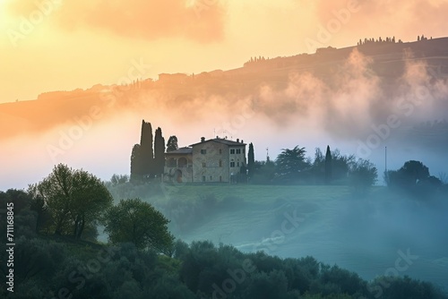 Impressive foggy landscape view with mountain and forest at sunrise