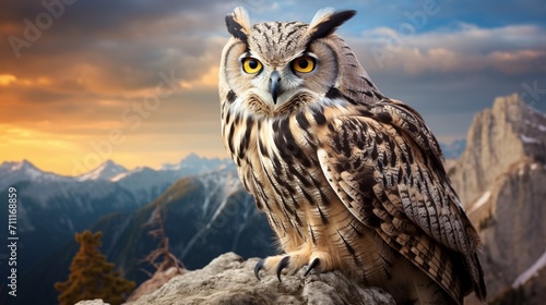 Powerful eagle owl gazing down from the heights of a rocky mountain peak. photo