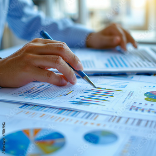 Financial Expert Analyzing Colorful Data Graphs,A financial expert focuses on colorful pie charts and bar graphs during a thorough analysis of business performance and market data. 