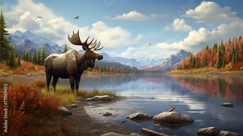Majestic Elk Deer Grazing by the Riverside with Scenic Nature Background - AI-Generative © Being Imaginative