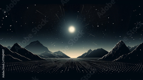 retro dotwork landscape with 80s styled laser grid planet, sun and stars from old sci-fi book