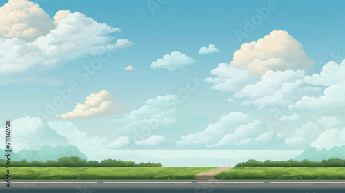 road for cars bushes ocean and sky with clouds grow. Background horizontal pixel art texture