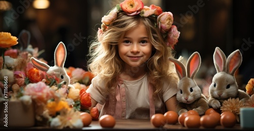 young girl wearing easter bunny ears and easter eggs at the table.