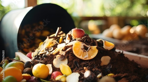 Closeup of a variety of fruit and vegetable peels, eggshells, and coffee grounds in a compost collector. photo