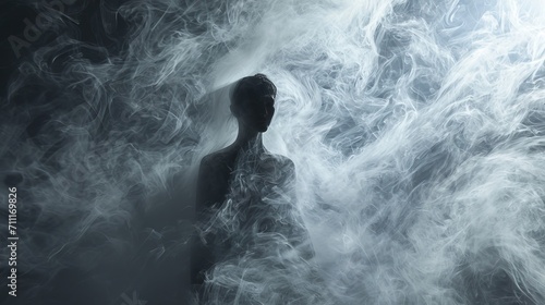 Silhouetted Figure Enveloped in Ethereal White Smoke Against a Dark Background