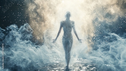 Mystical Figure Emerging from Water Surrounded by Mist and Golden Light