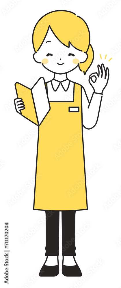 黄色｜初心者マークを持つ女性店員｜OKサイン