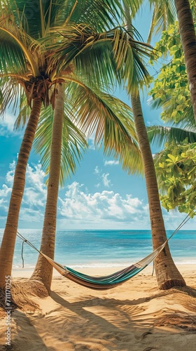 Hammock Between Palm Trees on Beach  Relaxation and Serenity