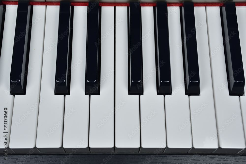 Piano keyboard top view. Musical instrument. Black and white piano keys. One octave. Piano keyboard top view. Musical instrument. Black and white piano keys. One octave.