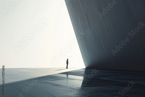 Silhouette of a lone person against a vast minimalist structure 