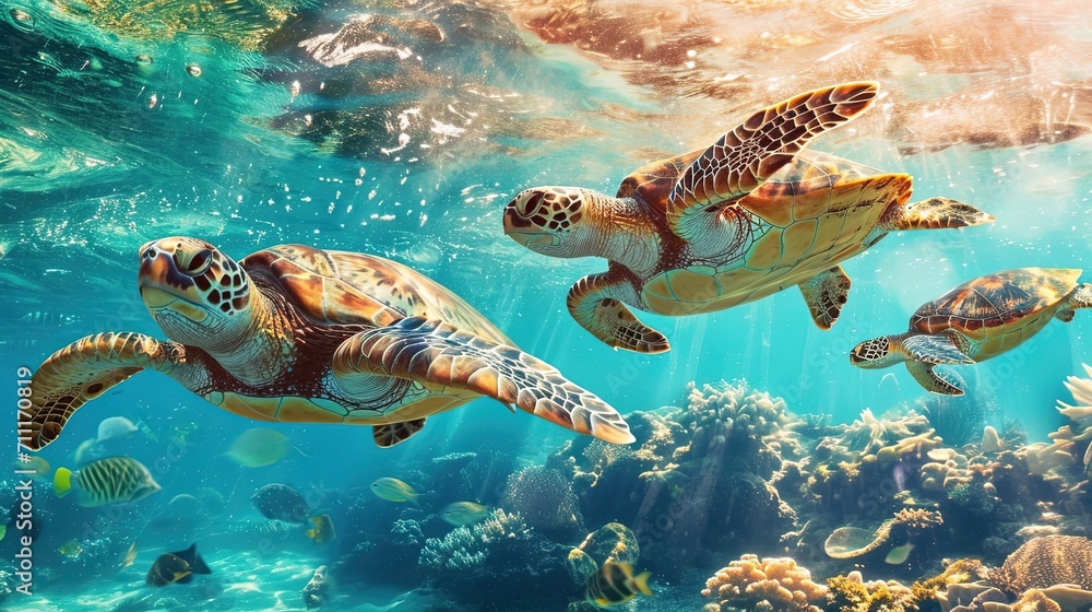 Fototapeta premium Sea Turtles Underwater Swimming