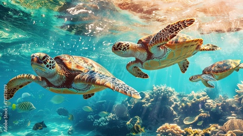 Sea Turtles Underwater Swimming © Ariestia